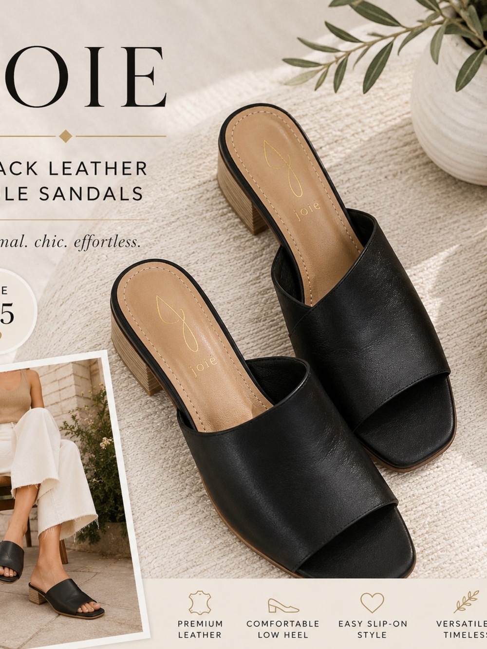 Joie Black Leather Low Heel mules